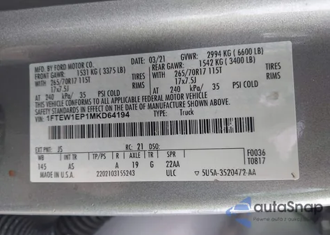 2021 Ford F-150 Xl из США, поврежденный, VIN 1FTEW1EP1MKD64194